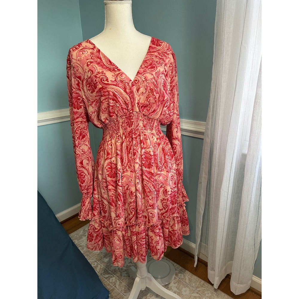 Prettywear Red Pink cottage coreLong Sleeve Smocked Waist Ruffle Dress Large